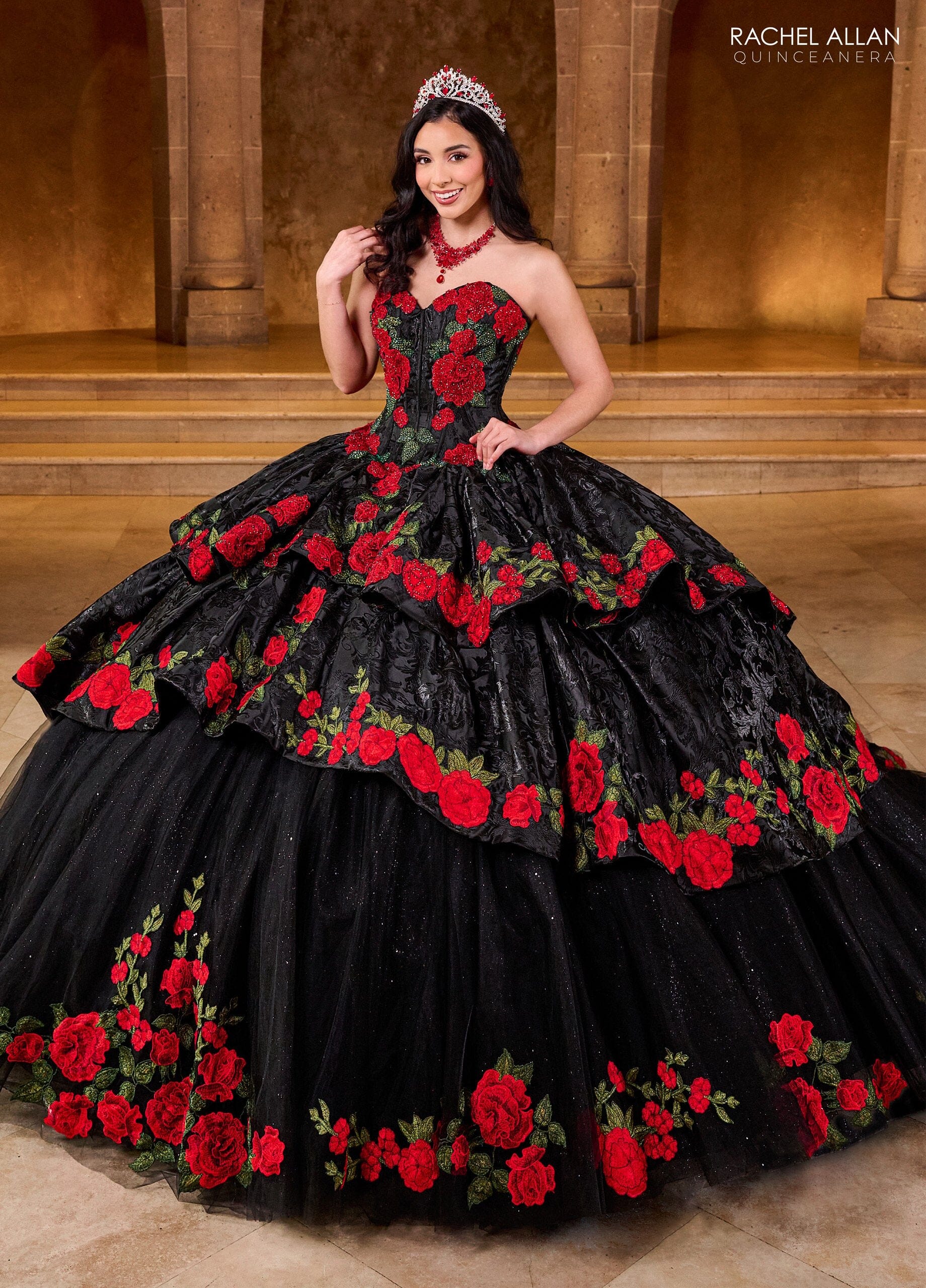 hariiart 様RED VALENTINOフリル袖 ブラック Aライン フレ Floral Strapless Quinceanera Dress by Rachel Allan RQ5006 – ABC