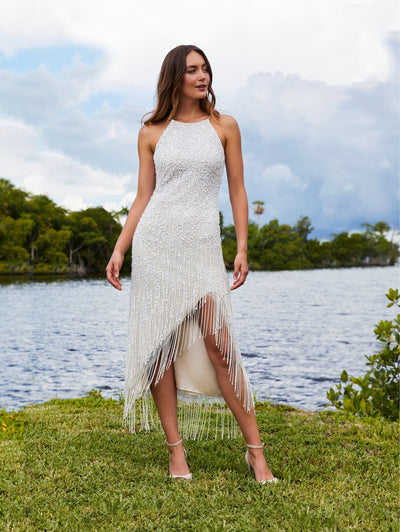 Fringe High Low Wedding Dress by Adrianna Papell 40363