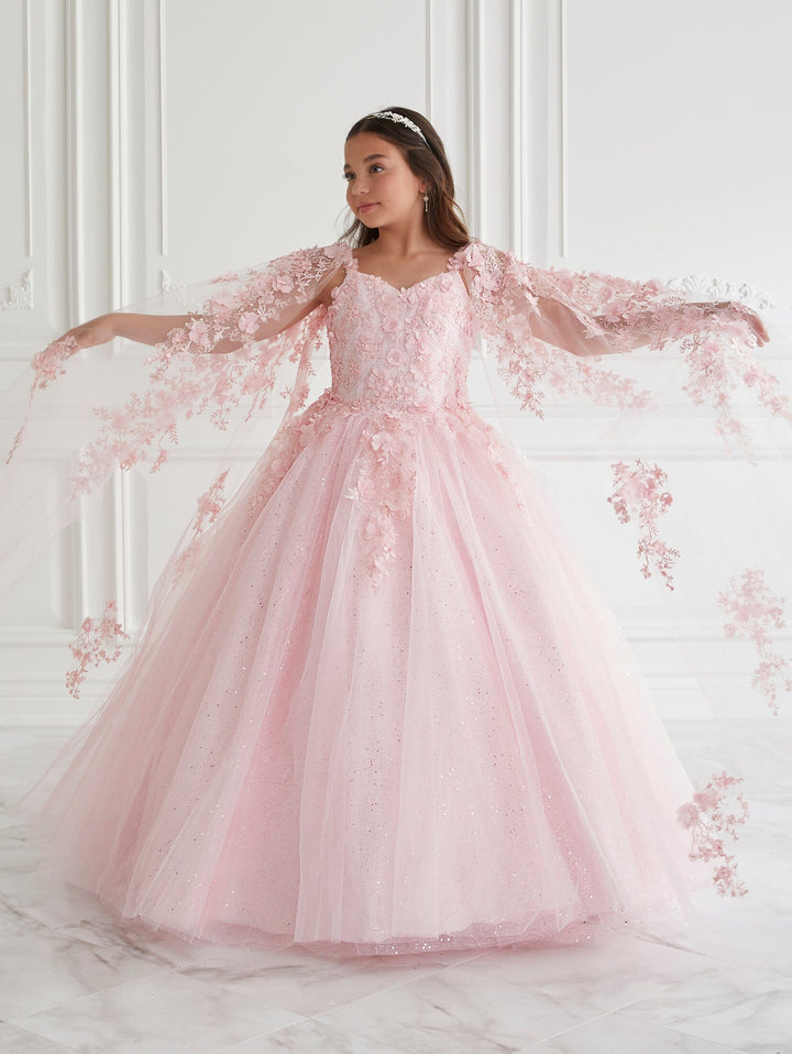 Girls 3D Floral Cape Sleeve Gown by Tiffany Princess 13669