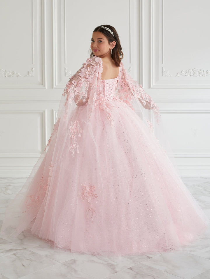 Girls 3D Floral Cape Sleeve Gown by Tiffany Princess 13669