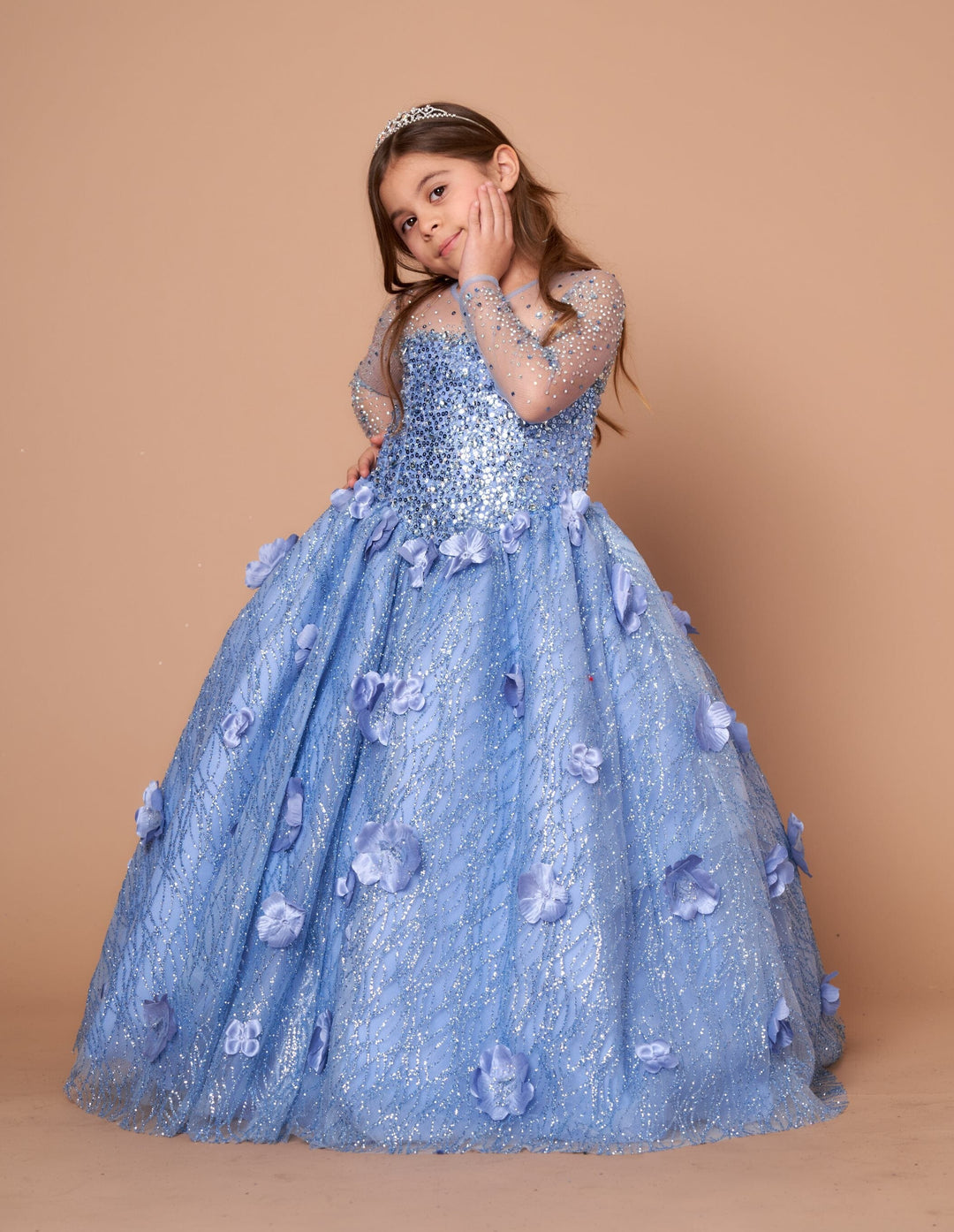 Girls 3D Floral Long Sleeve Gown by Calla SCK302 Girls 3D Floral Long Sleeve Gown by Calla SCK302