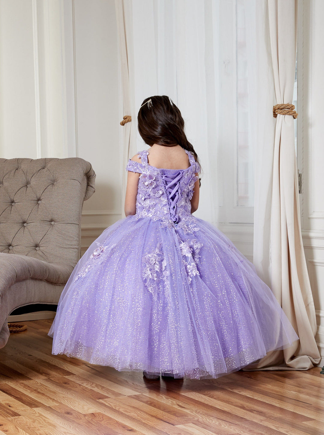 Girls 3D Floral Off Shoulder Glitter Gown by Calla KY234