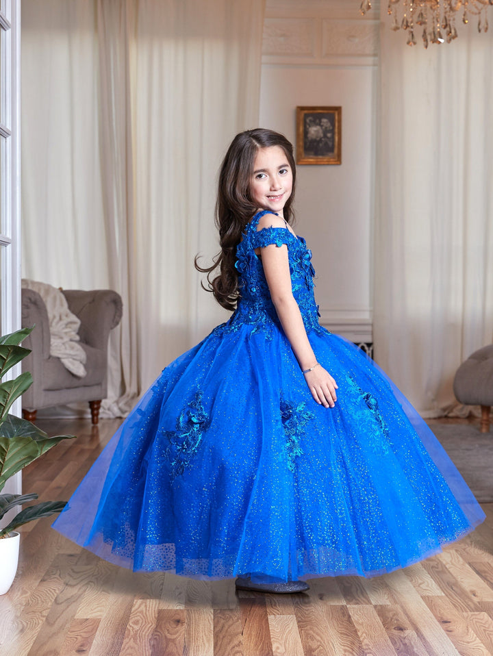 Girls 3D Floral Off Shoulder Glitter Gown by Calla KY234