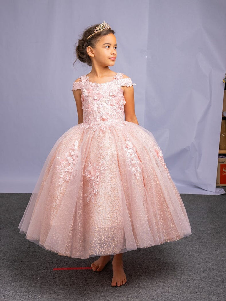 Girls 3D Floral Off Shoulder Glitter Gown by Calla KY234