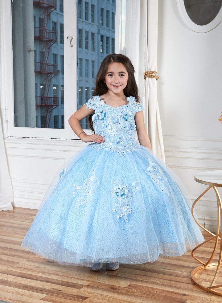 Girls 3D Floral Off Shoulder Glitter Gown by Calla KY234
