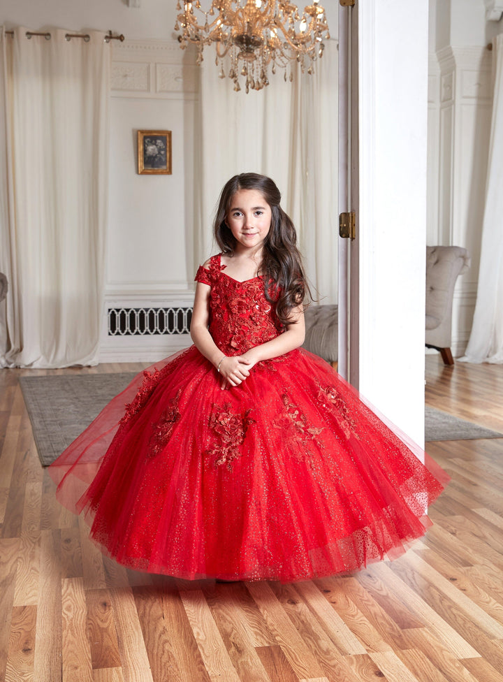 Girls 3D Floral Off Shoulder Glitter Gown by Calla KY234