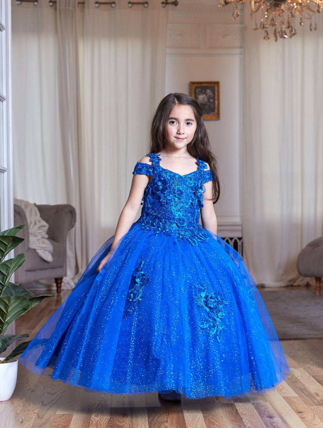 Girls 3D Floral Off Shoulder Glitter Gown by Calla KY234