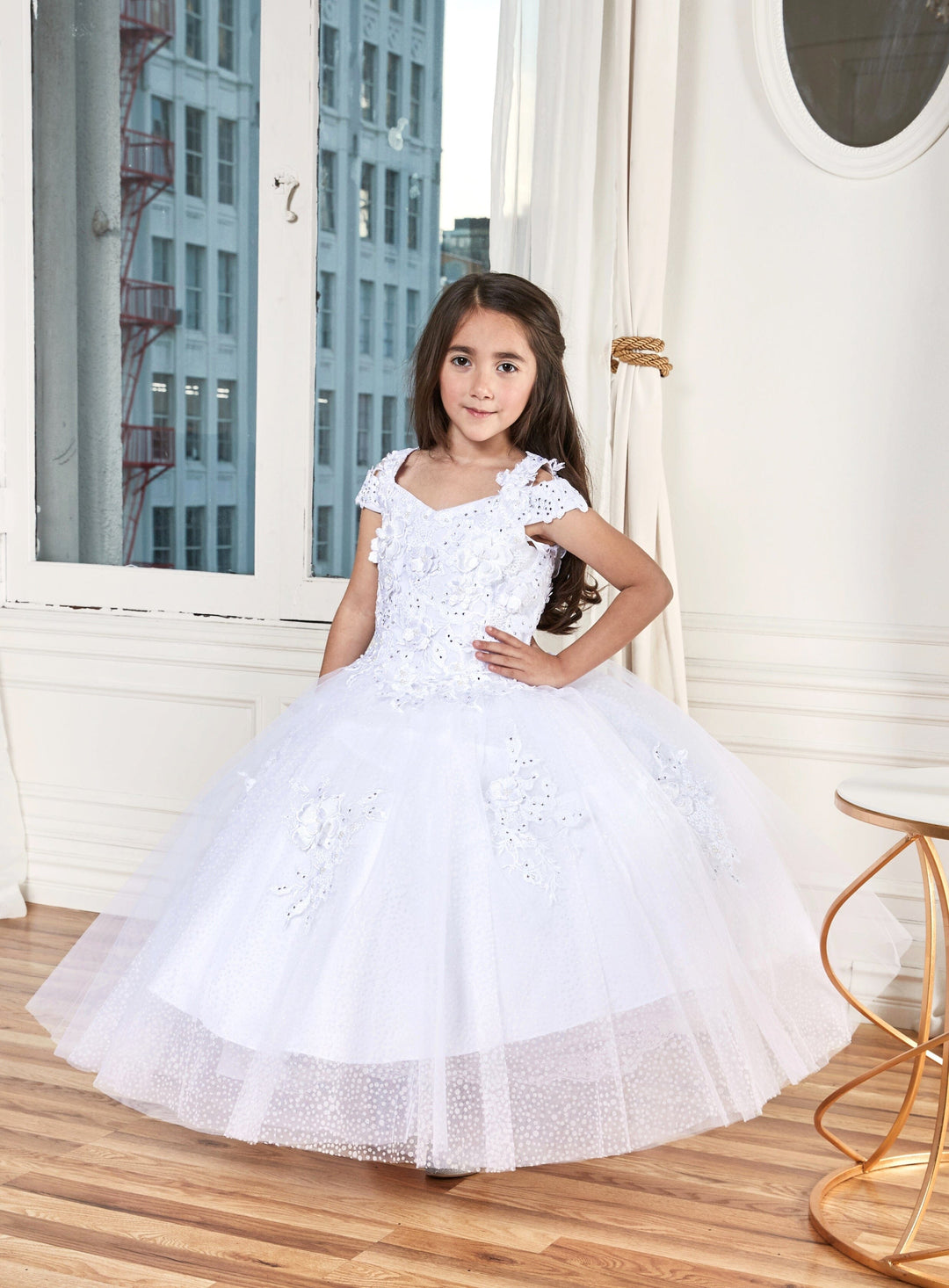 Girls 3D Floral Off Shoulder Glitter Gown by Calla KY234