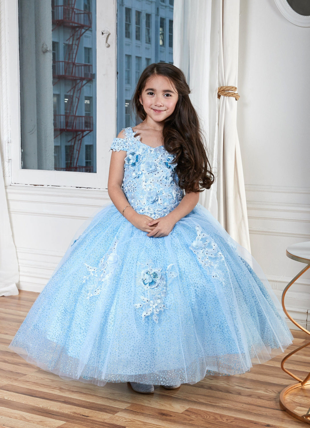 Girls 3D Floral Off Shoulder Glitter Gown by Calla KY234