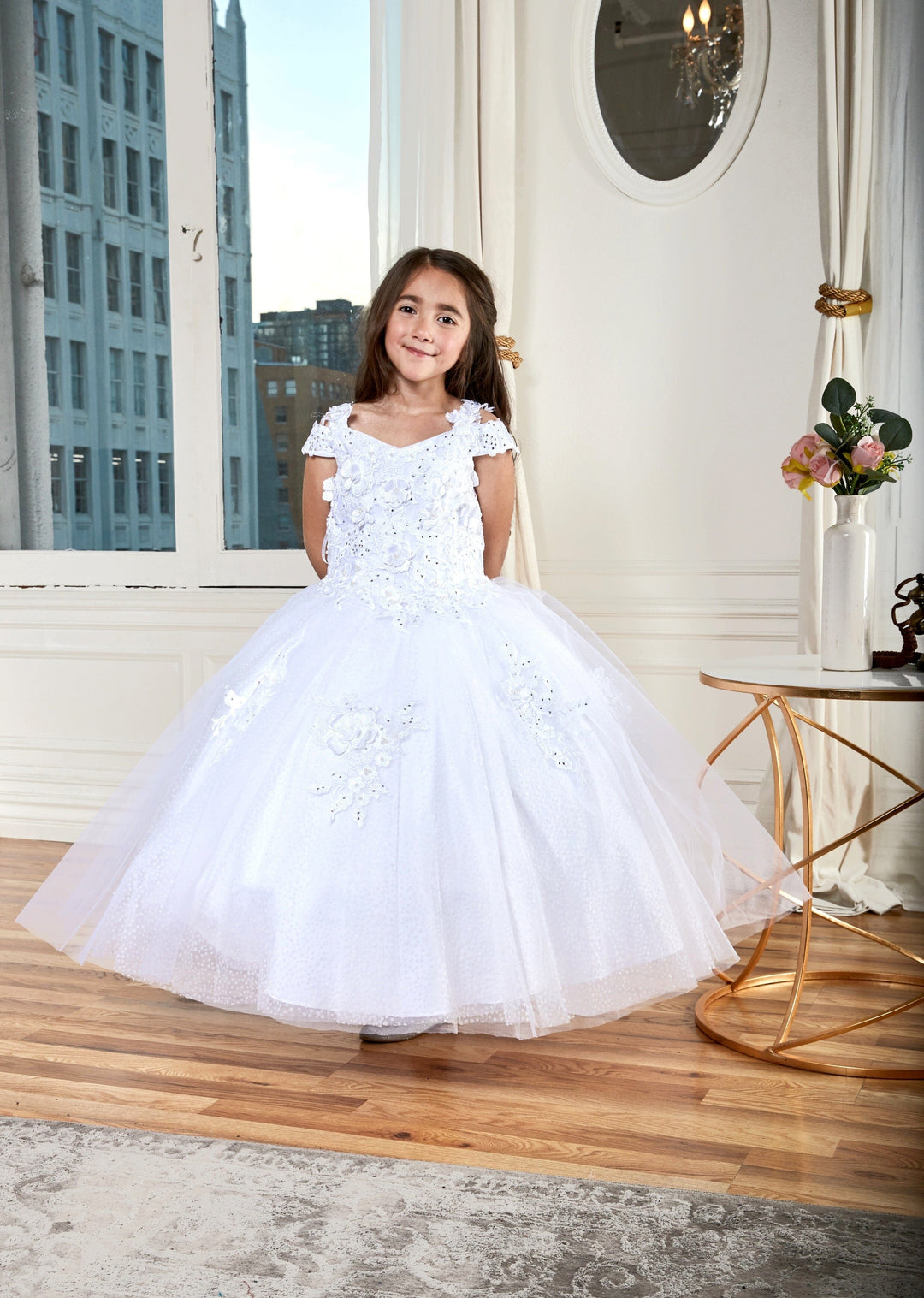 Girls 3D Floral Off Shoulder Glitter Gown by Calla KY234