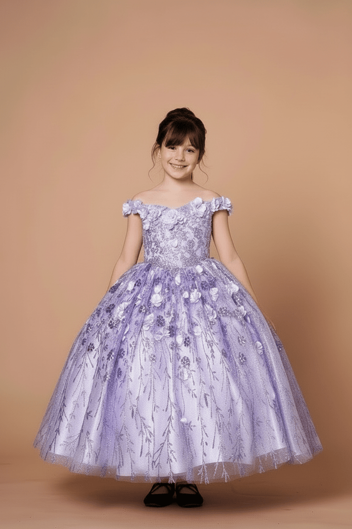 Girls 3D Floral Off Shoulder Gown by Calla WB-103