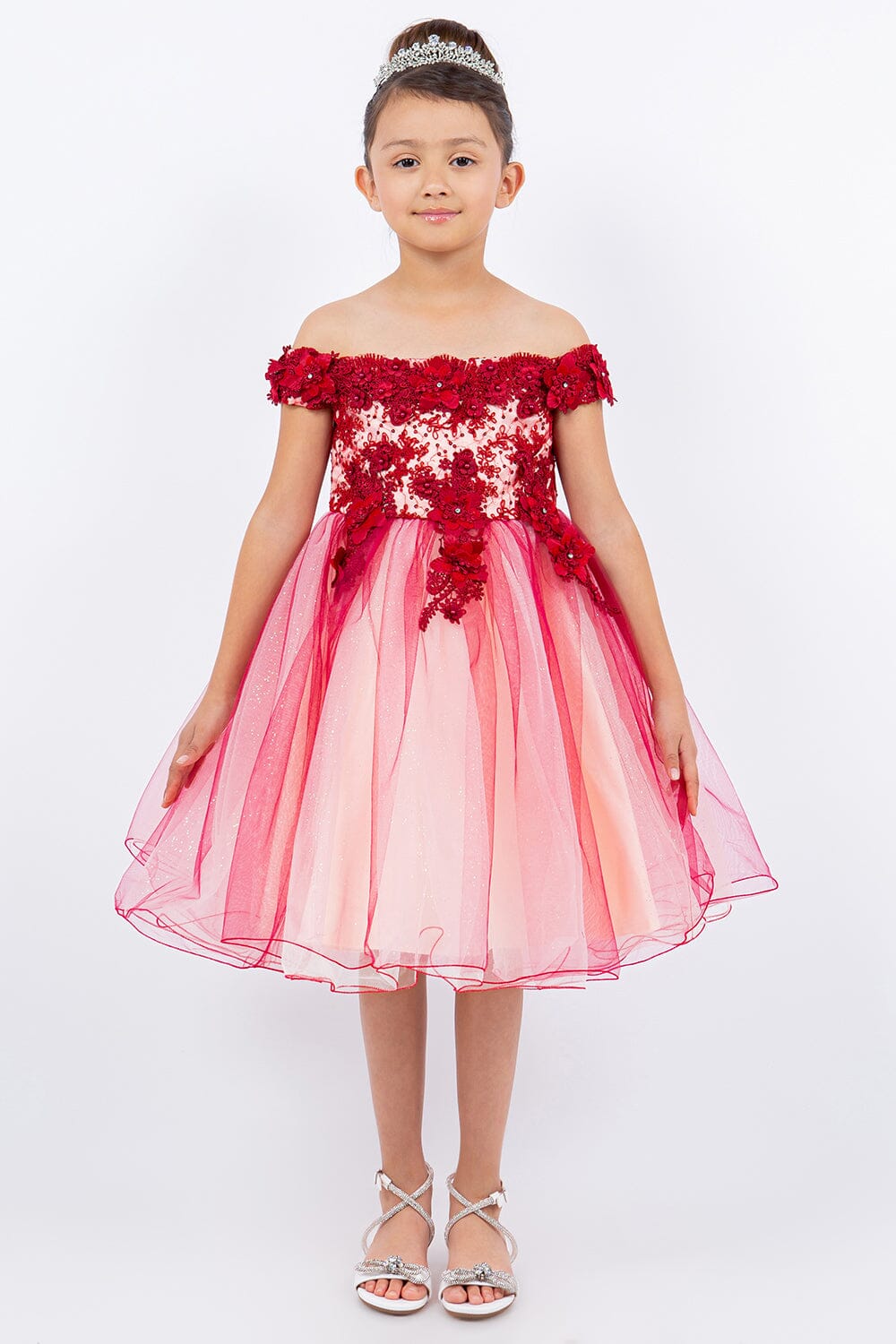 Girls 3D Floral Short Off Shoulder Dress by Cinderella Couture 9130