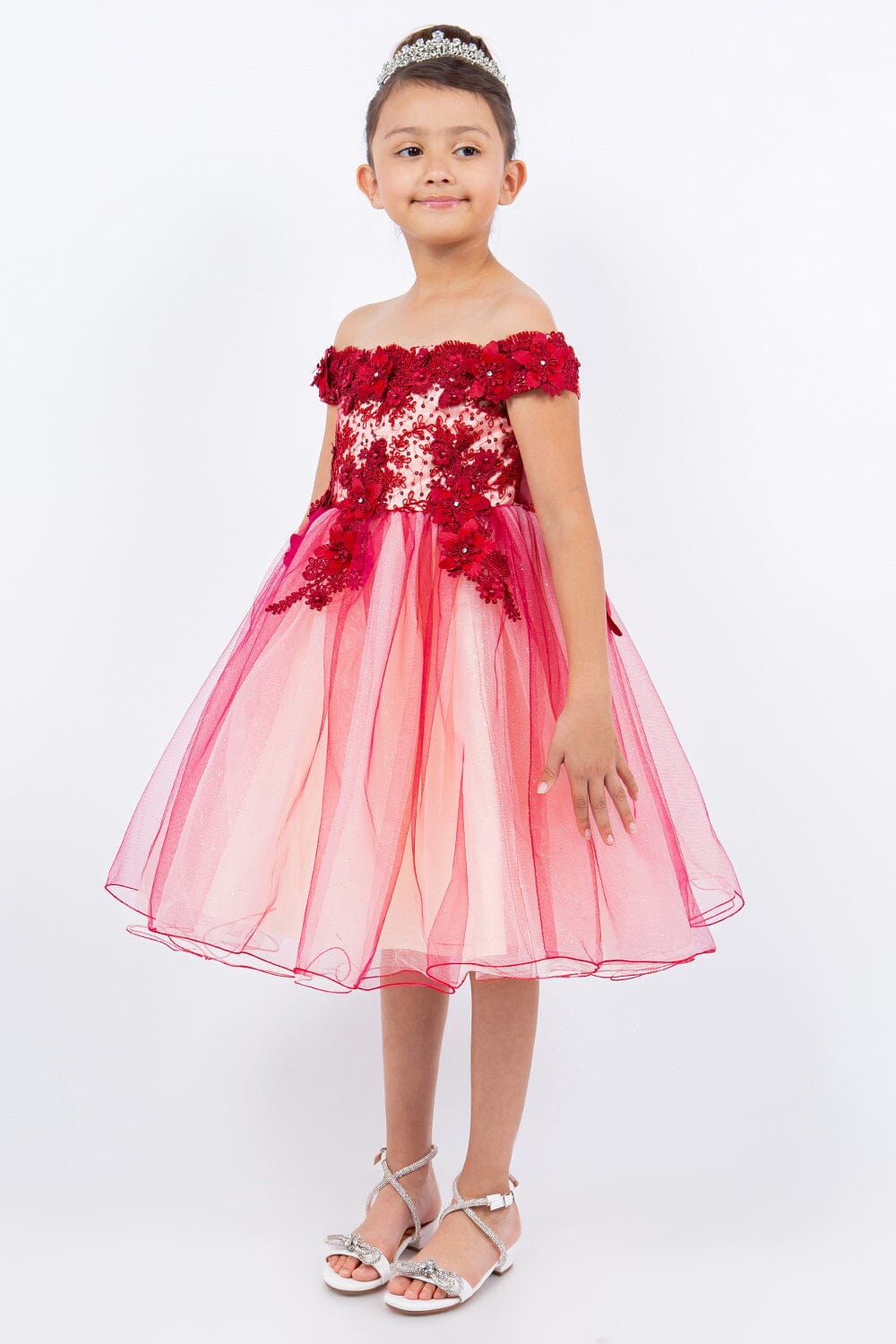 Girls 3D Floral Short Off Shoulder Dress by Cinderella Couture 9130