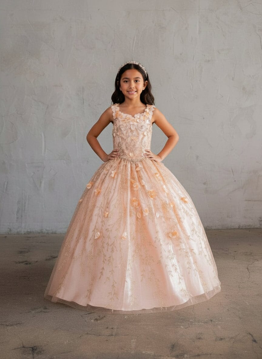Girls 3D Floral Sleeveless Cape Gown by Calla SCK-301