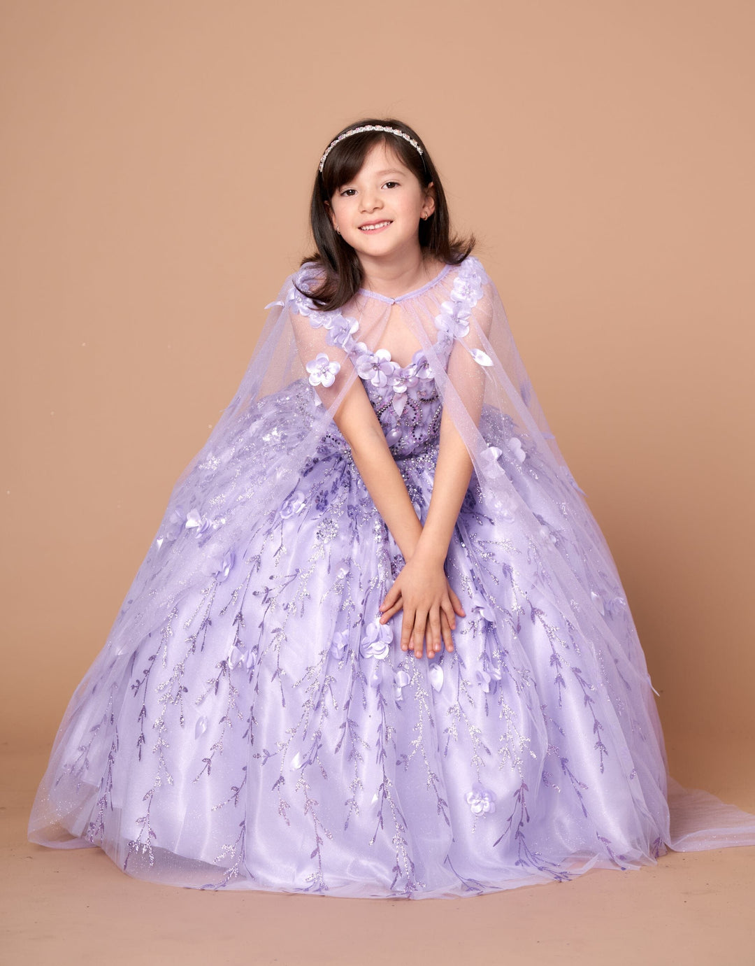 Girls 3D Floral Sleeveless Cape Gown by Calla SCK301