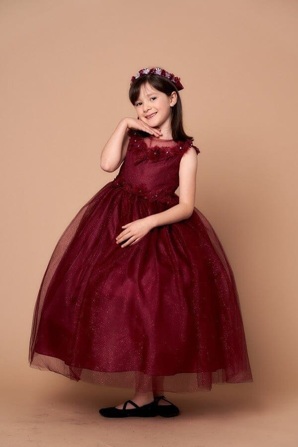 Girls 3D Floral Sleeveless Tulle Gown by Calla D-816