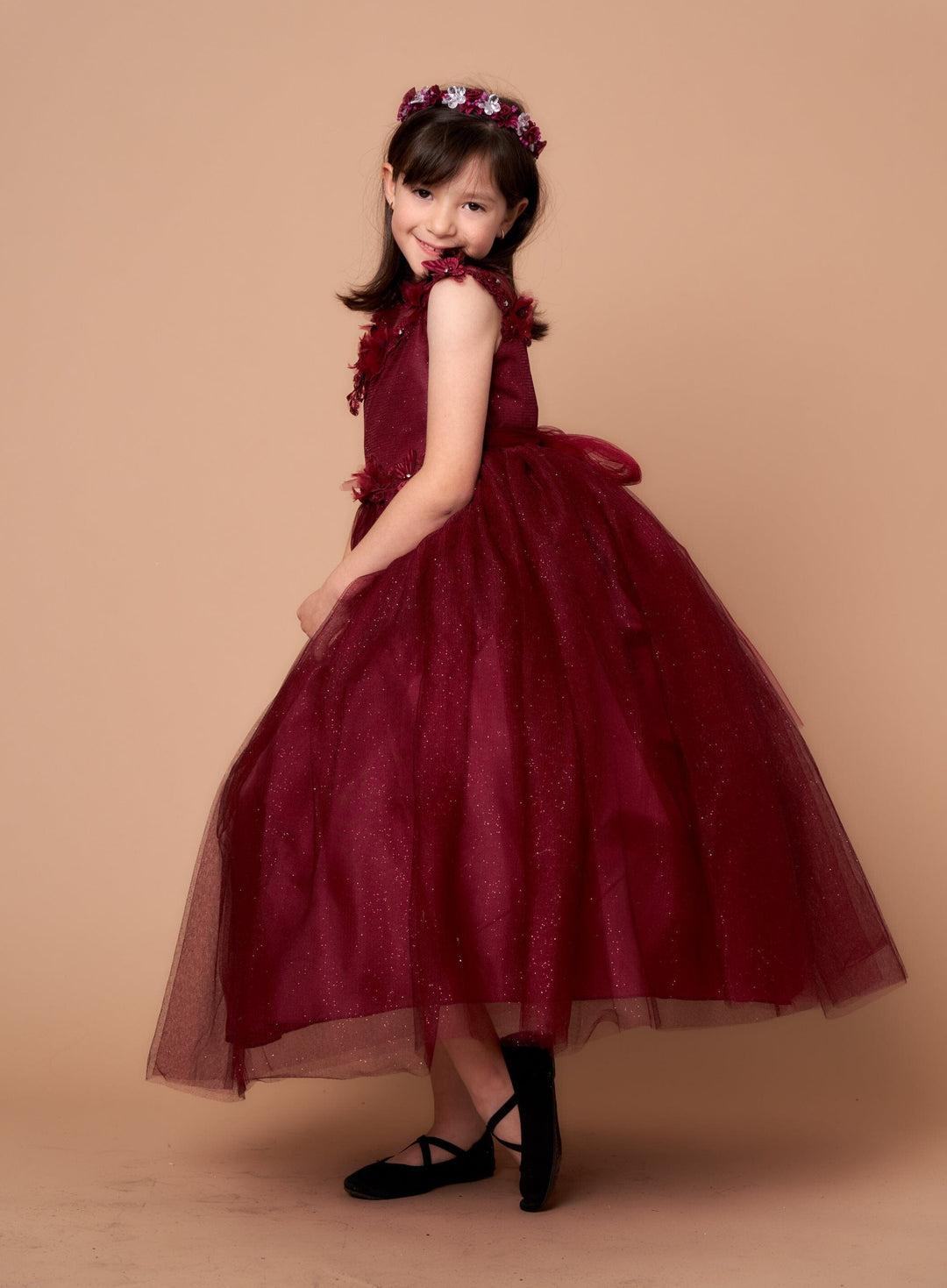 Girls 3D Floral Sleeveless Tulle Gown by Calla D-816