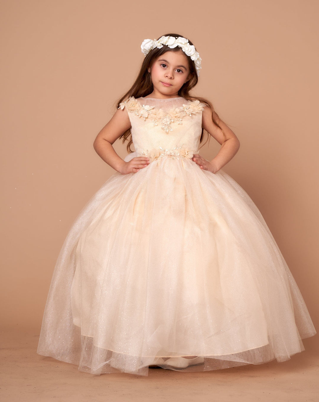 Girls 3D Floral Sleeveless Tulle Gown by Calla D-816