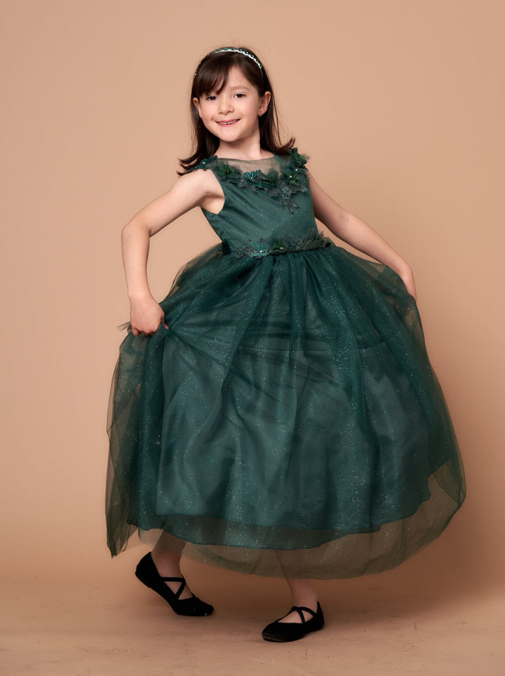 Girls 3D Floral Sleeveless Tulle Gown by Calla D-816