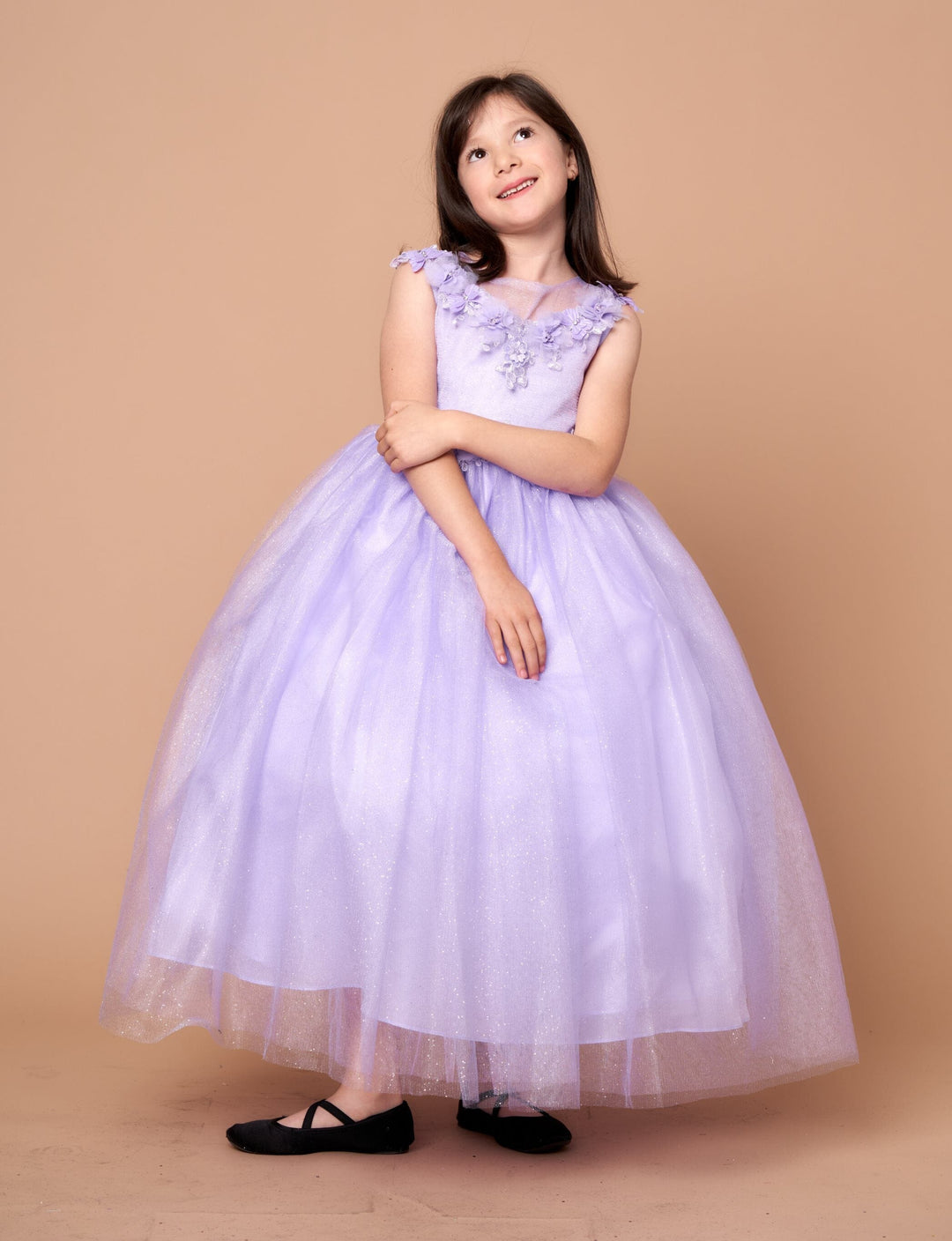 Girls 3D Floral Sleeveless Tulle Gown by Calla D-816
