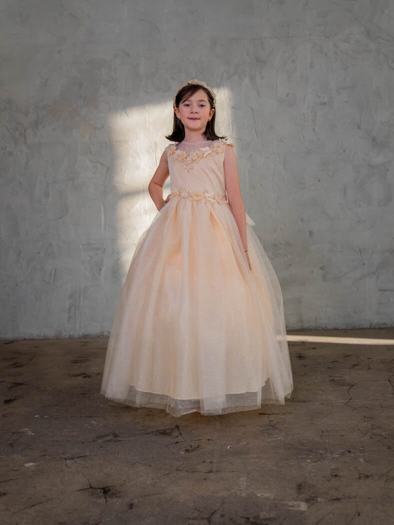 Girls 3D Floral Sleeveless Tulle Gown by Calla D-816
