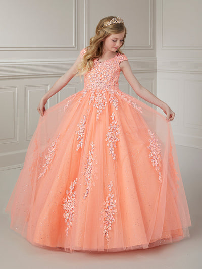 Girls Applique Cap Sleeve Gown by Tiffany Princess 13718