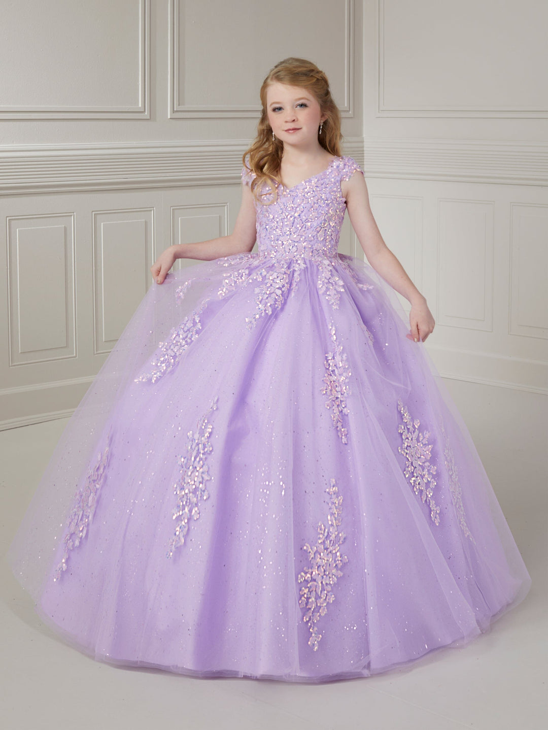 Girls Applique Cap Sleeve Gown by Tiffany Princess 13718