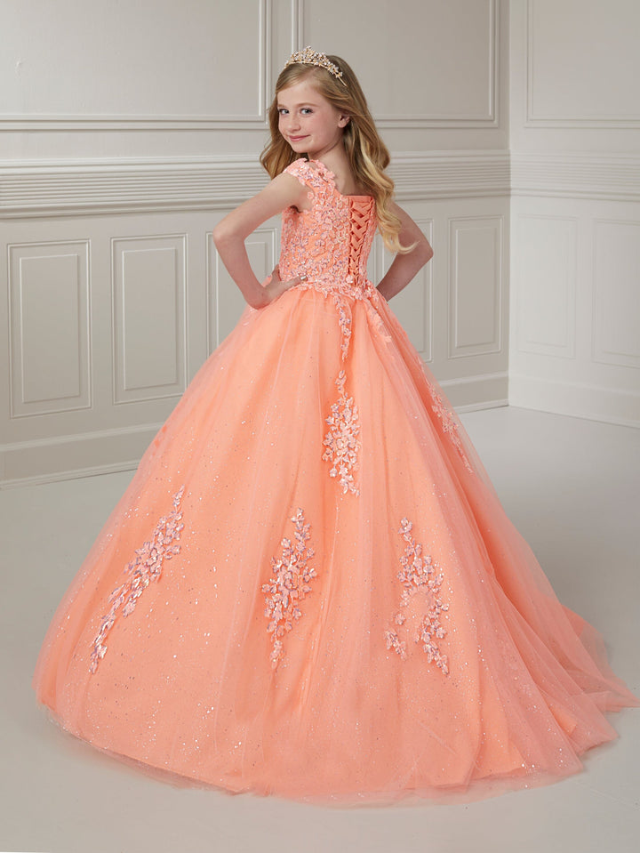 Girls Applique Cap Sleeve Gown by Tiffany Princess 13718