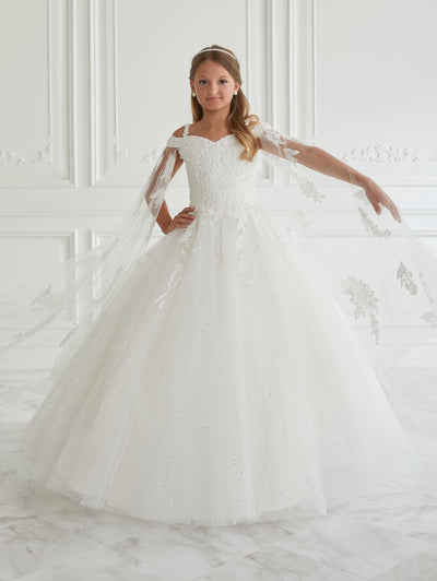 Girls Applique Cape Sleeve Gown by Tiffany Princess 13670