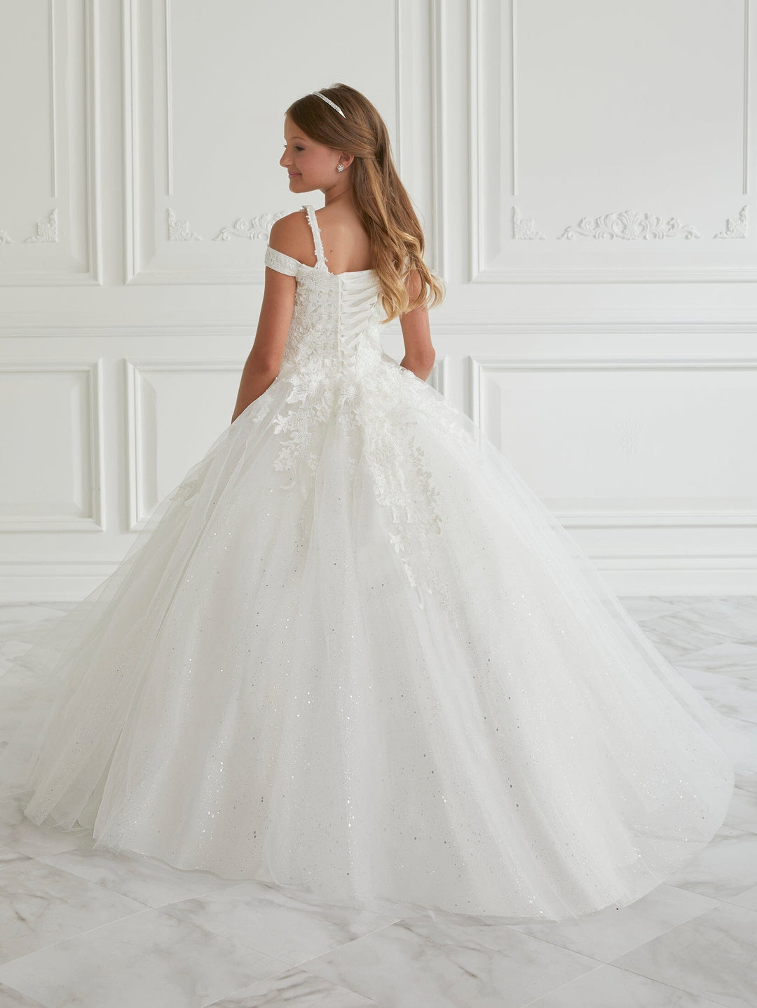 Girls Applique Cape Sleeve Gown by Tiffany Princess 13670