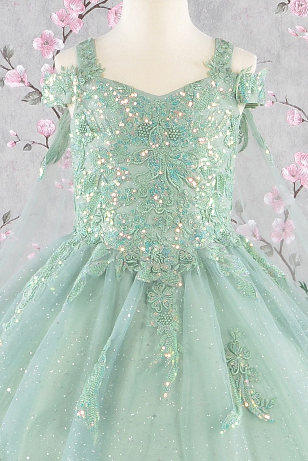 Girls Applique Cold Shoulder Cape Gown by Elizabeth K GK116