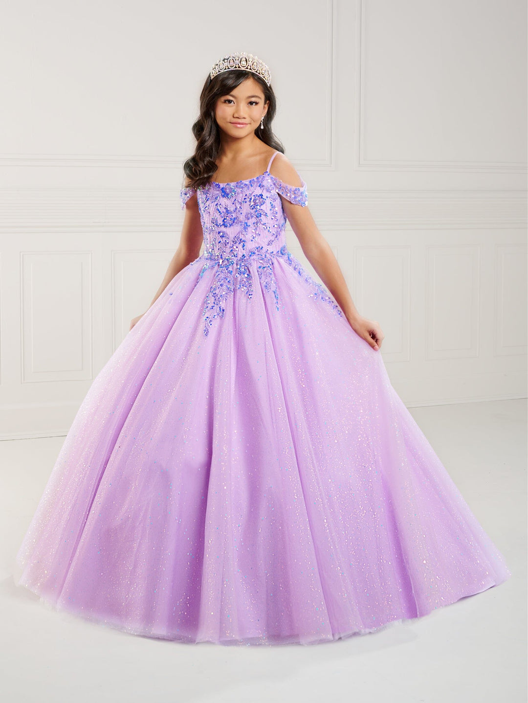 Girls Applique Cold Shoulder Gown by Tiffany Princess 13752