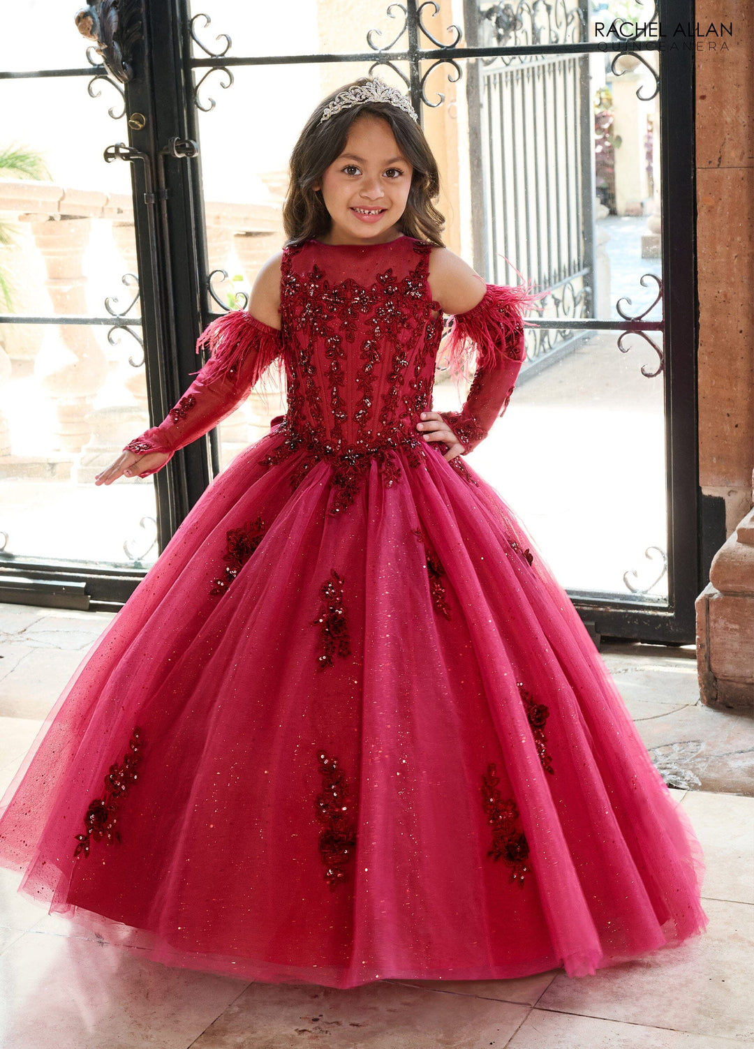 Girl's Applique Feather A-line Gown by Rachel Allan RQ4042