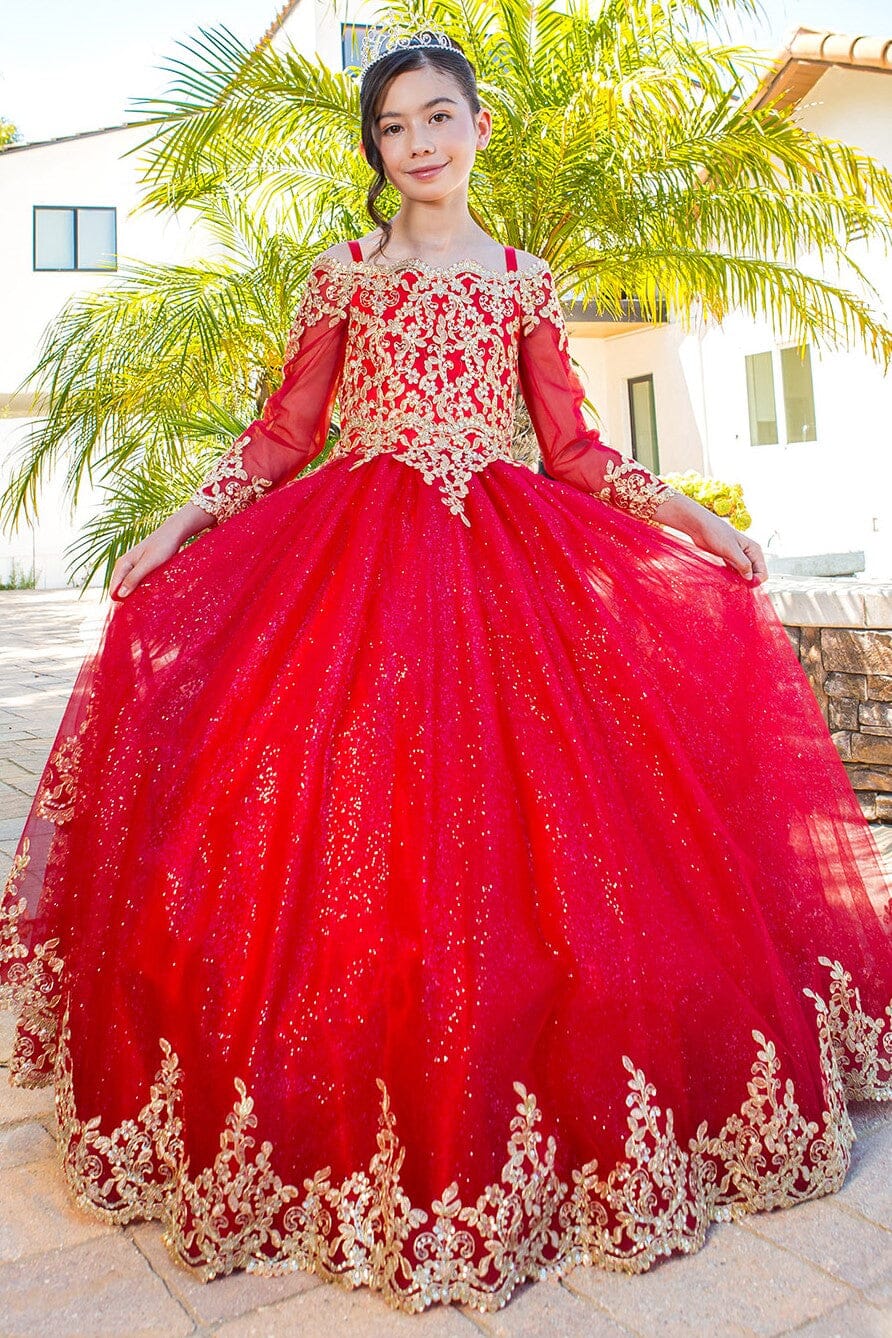 Girls Applique Long Sleeve Gown by Cinderella Couture 8059 6 / Red Girls Applique Long Sleeve Gown by Cinderella Couture 8059 6 / Red