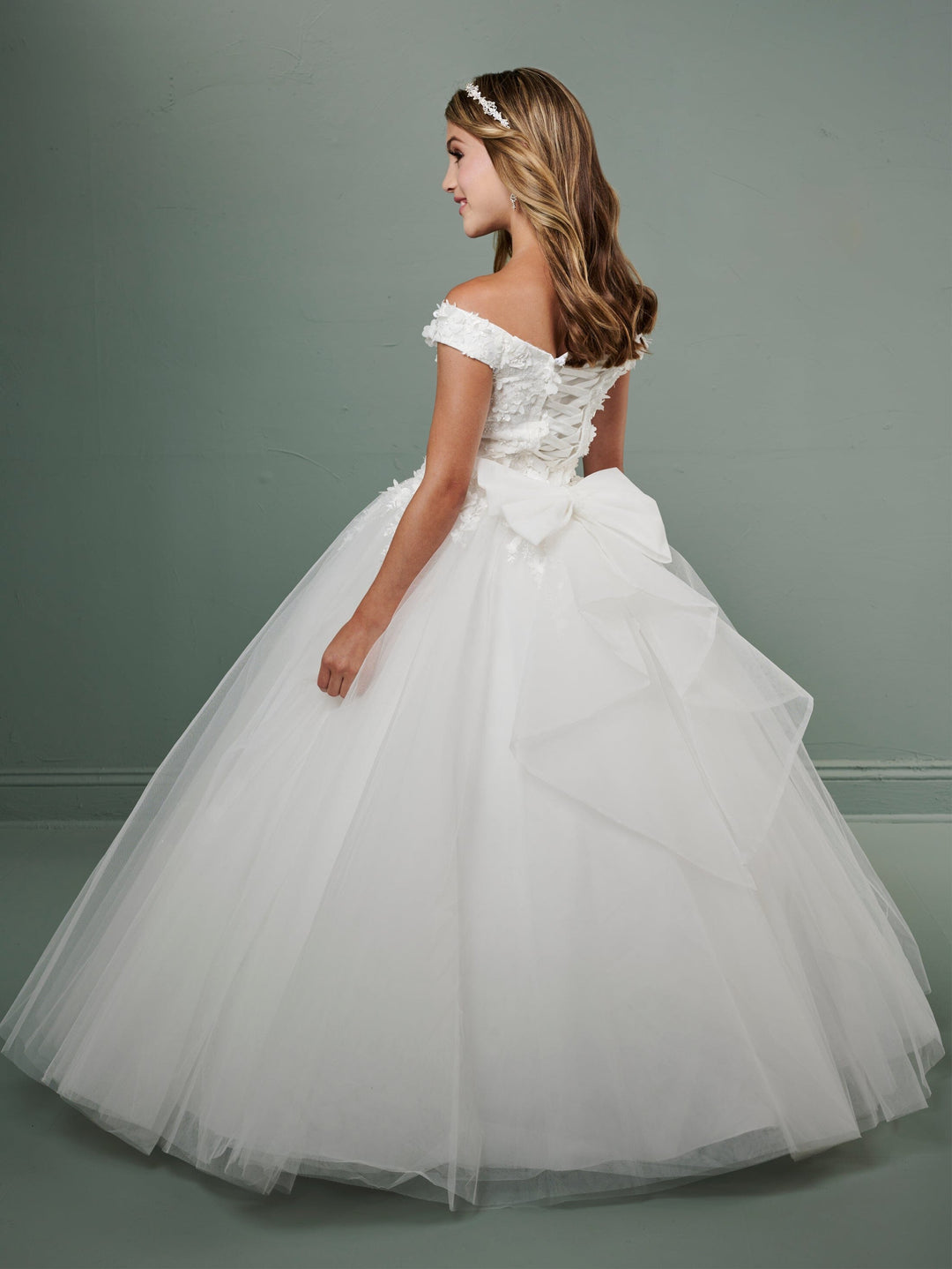 Girls Applique Off Shoulder Gown by Tiffany Princess 13714