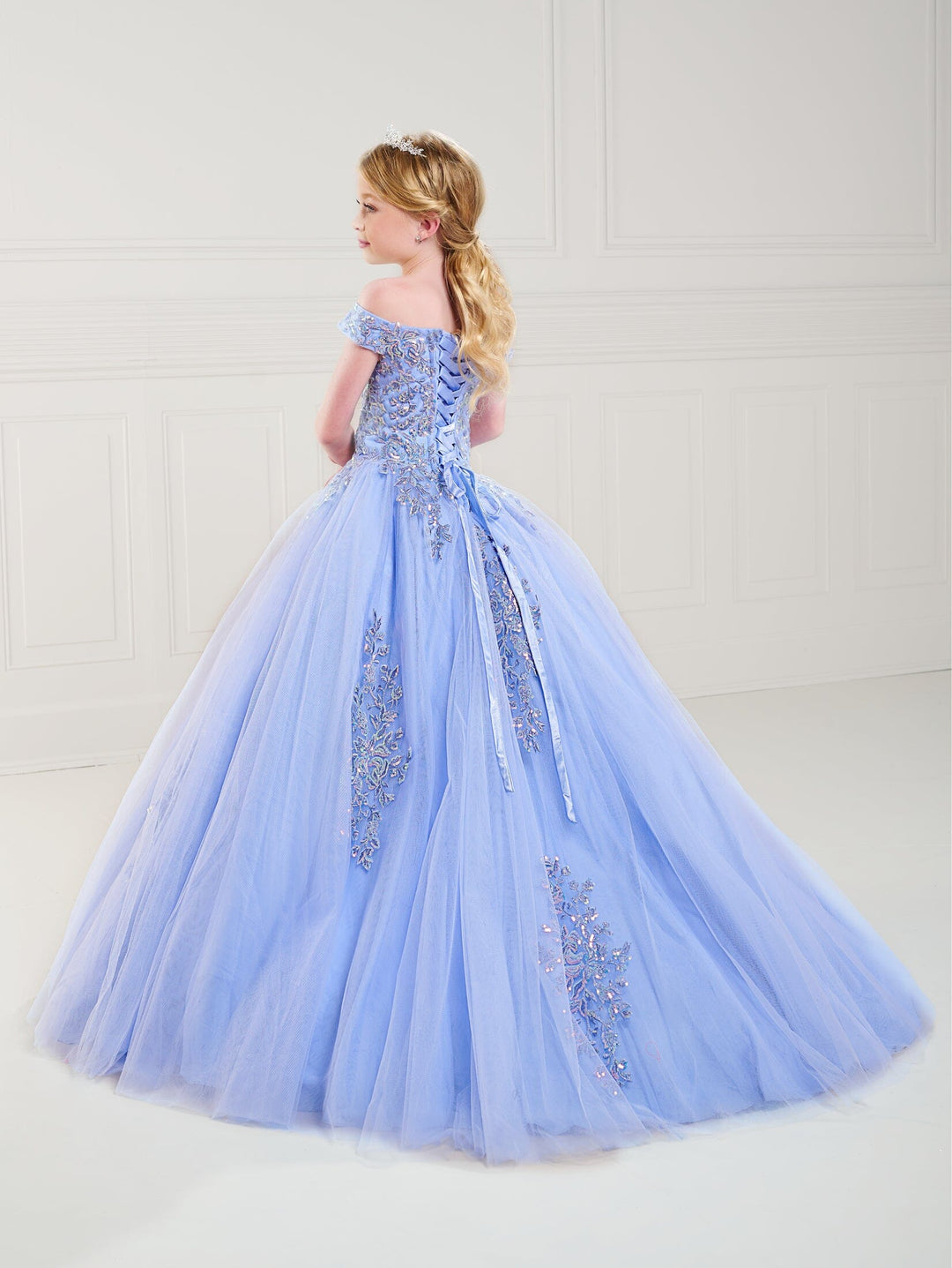 Girls Applique Off Shoulder Gown by Tiffany Princess 13740