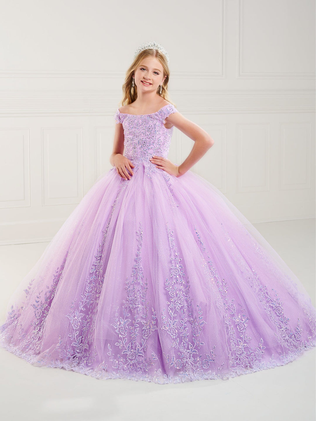 Girls Applique Off Shoulder Gown by Tiffany Princess 13748