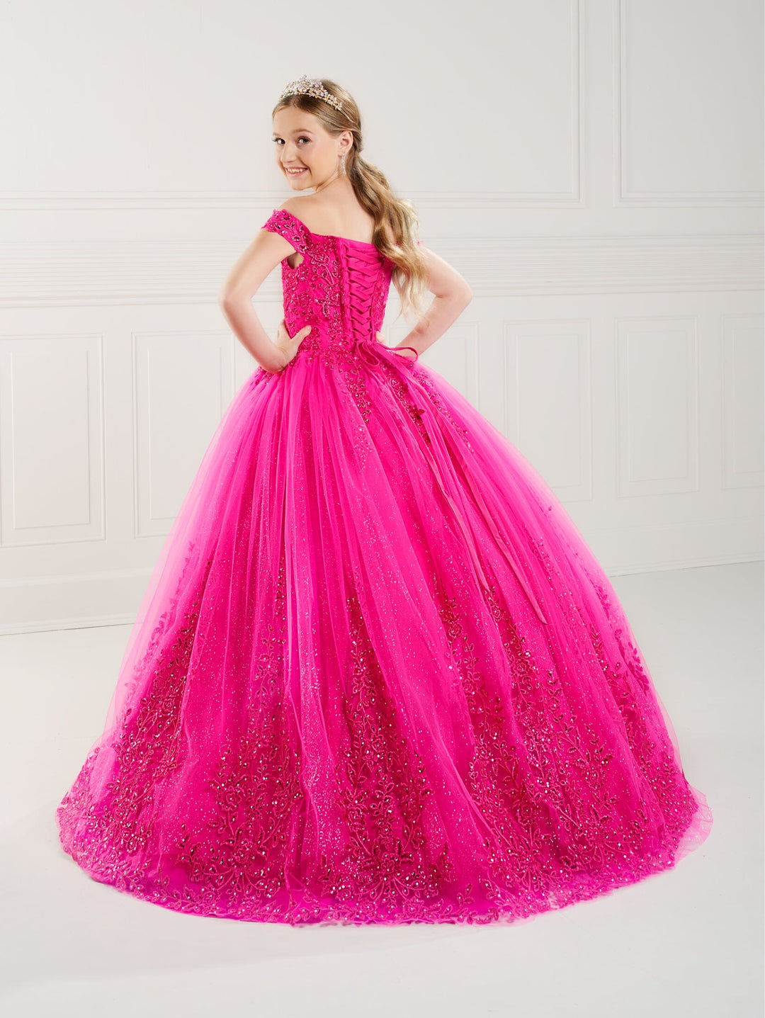 Girls Applique Off Shoulder Gown by Tiffany Princess 13748