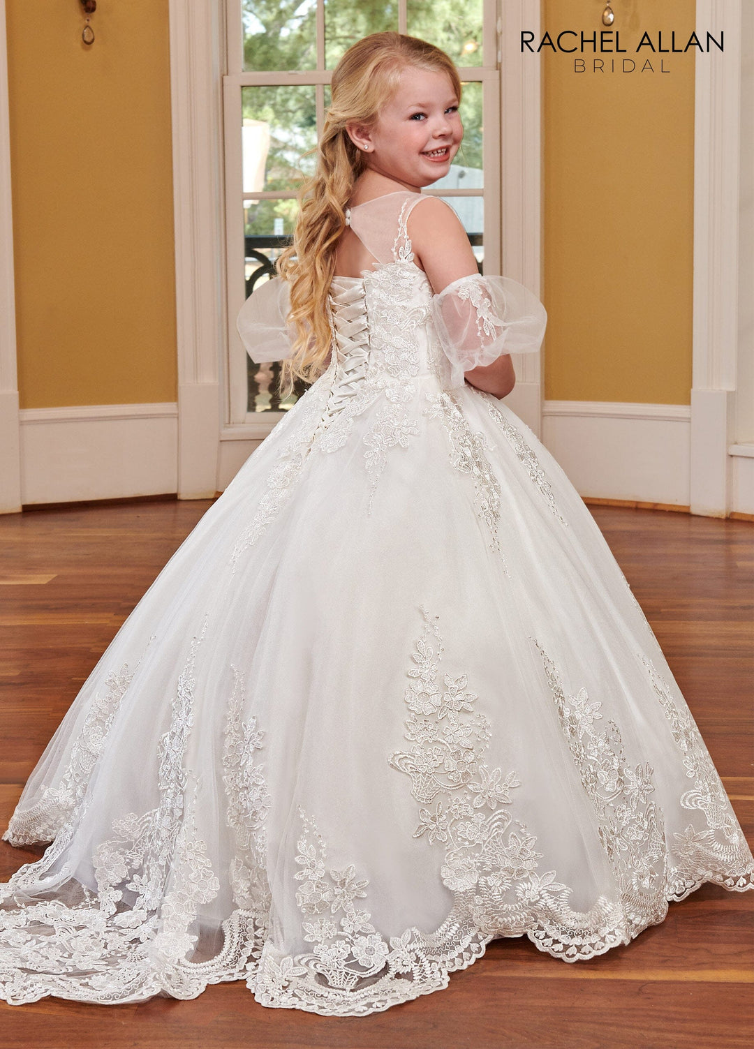 Girls Applique Puff Sleeve Gown by Rachel Allan RB9118