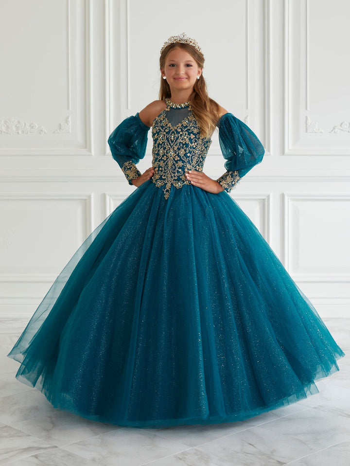 Girls Applique Puff Sleeve Gown by Tiffany Princess 13664