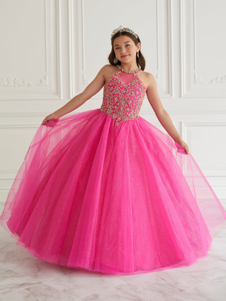 Girls Applique Puff Sleeve Gown by Tiffany Princess 13664