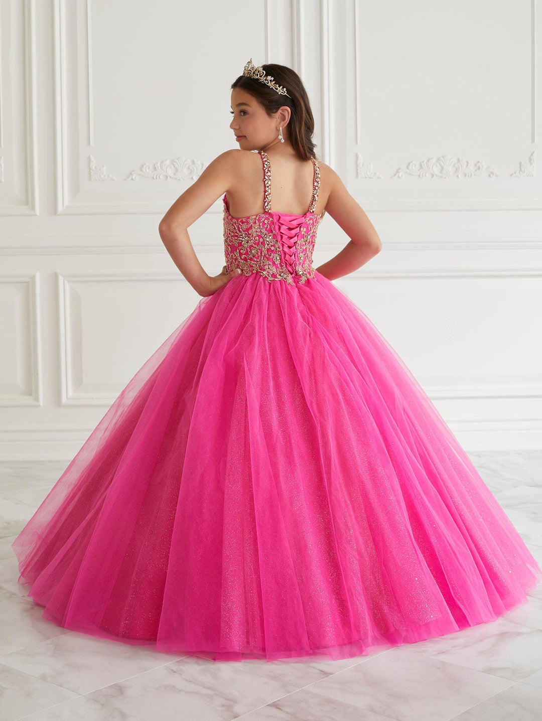 Girls Applique Puff Sleeve Gown by Tiffany Princess 13664