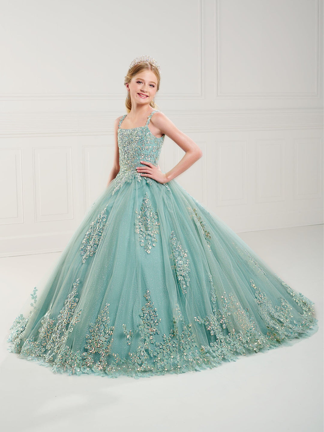Girls Applique Sleeveless Gown by Tiffany Princess 13741