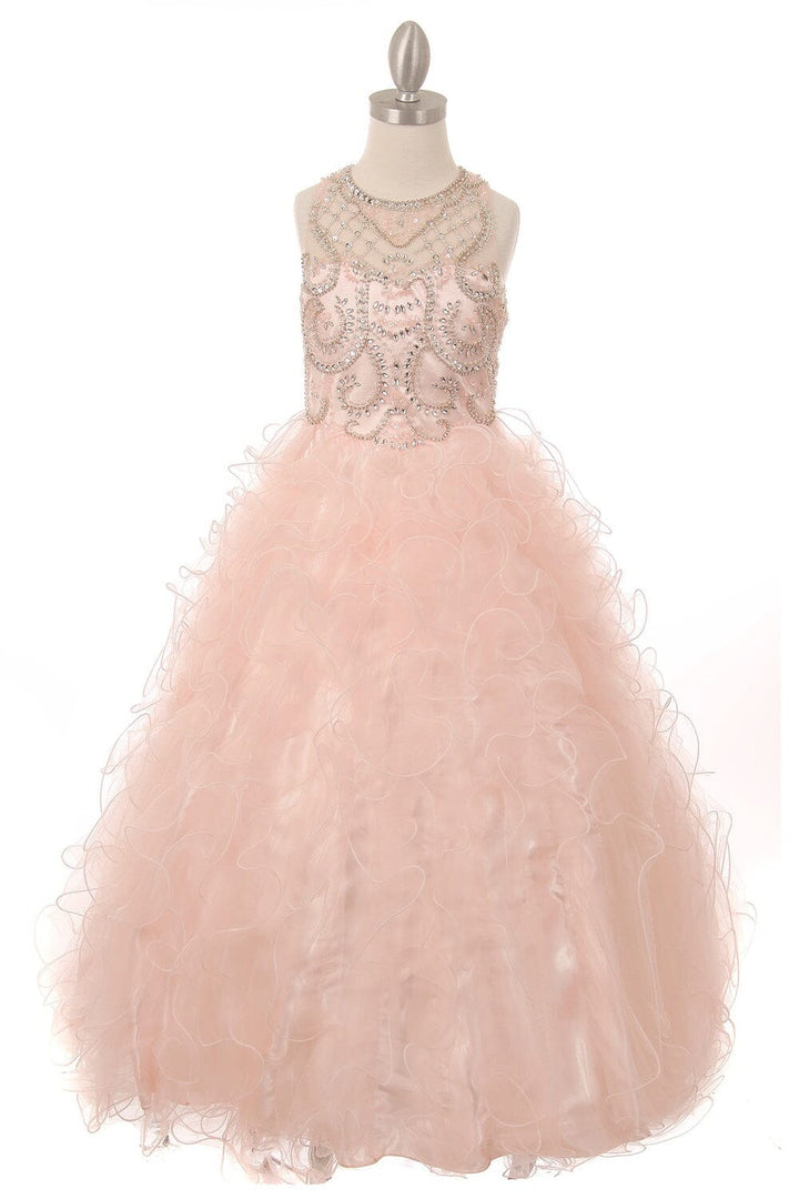 Girls Beaded Illusion Ball Gown with Ruffled Skirt 8001