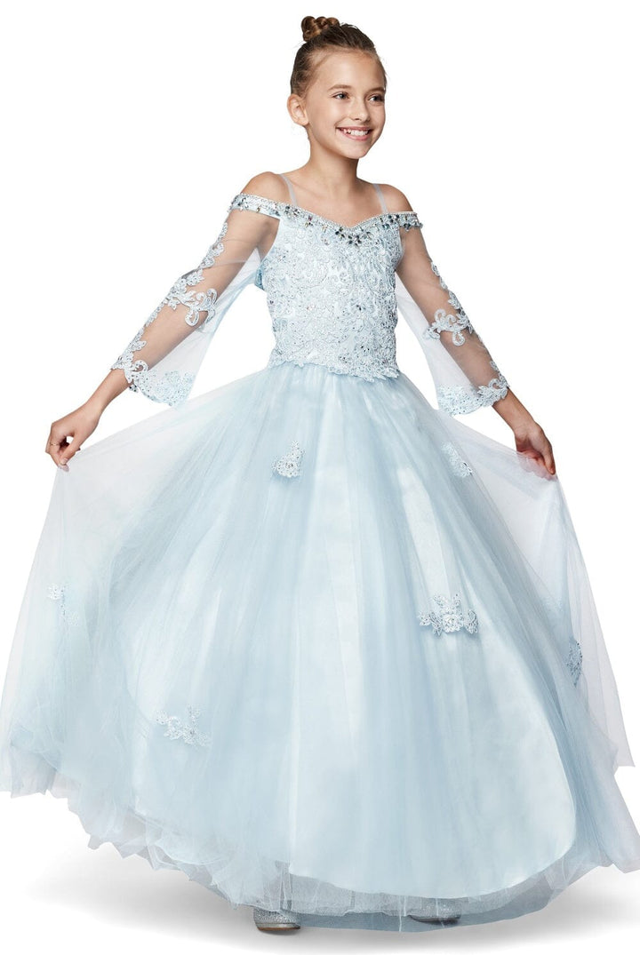 Girls Beaded Lace Off Shoulder Ball Gown with Sleeves 8002