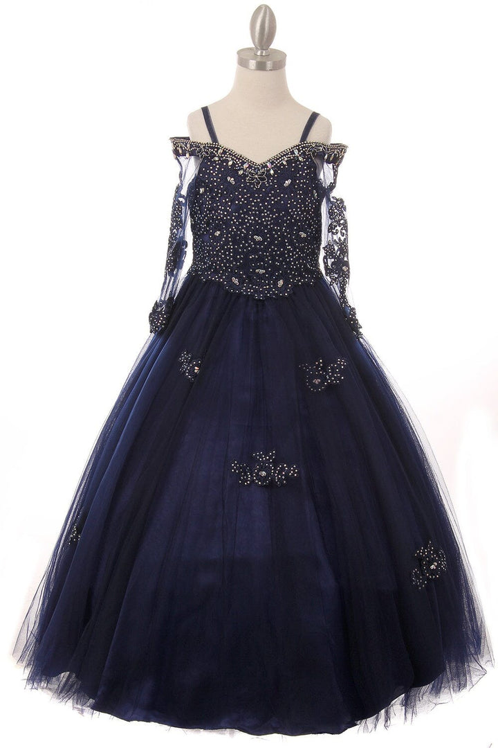 Girls Beaded Lace Off Shoulder Ball Gown with Sleeves 8002