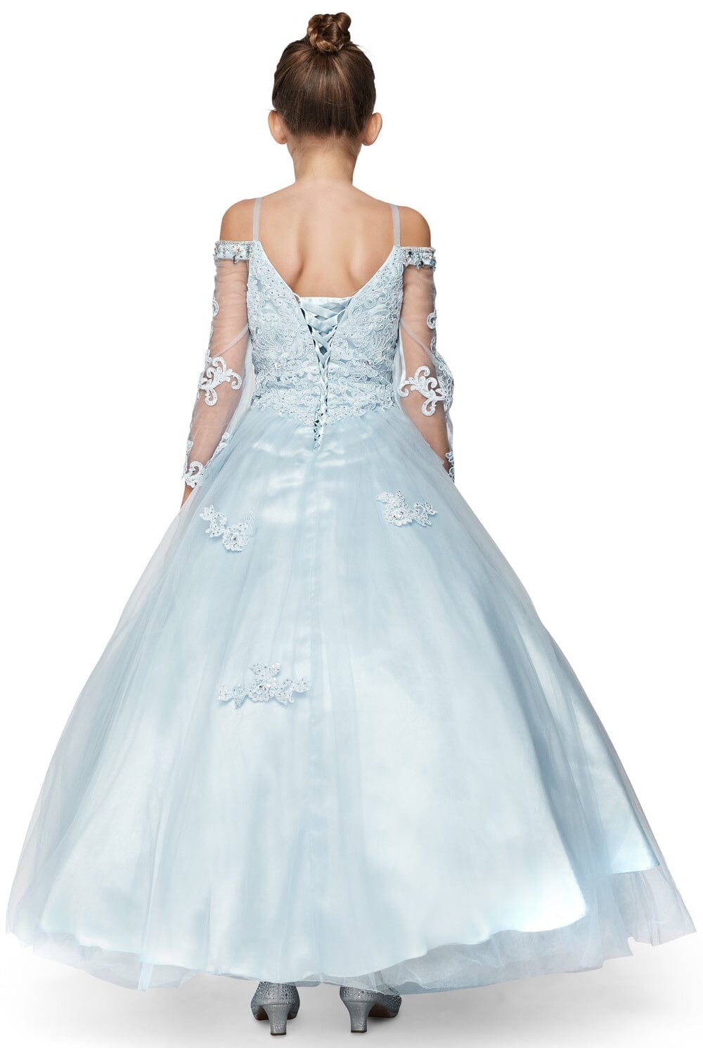 Girls Beaded Lace Off Shoulder Ball Gown with Sleeves 8002