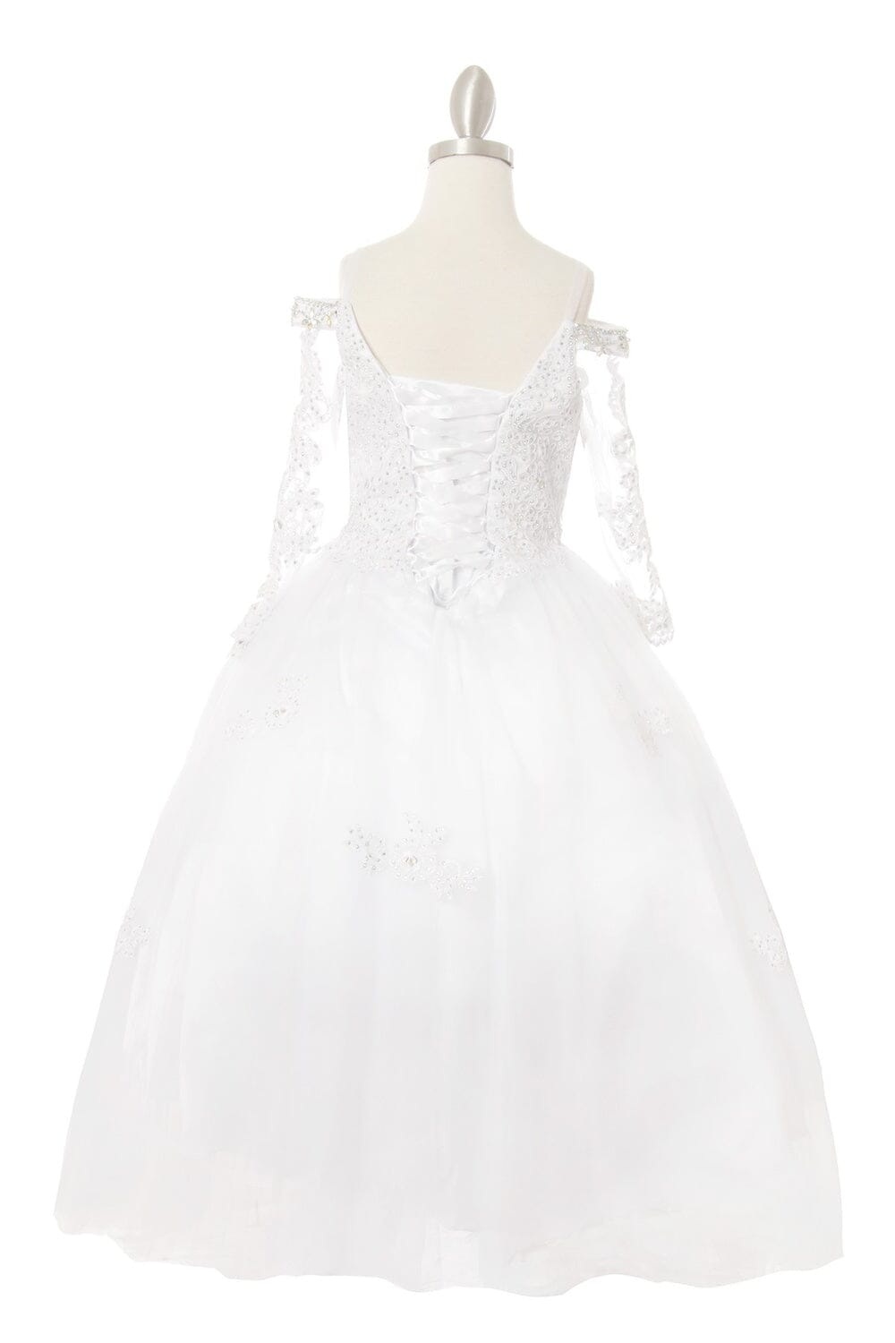 Girls Beaded Lace Off Shoulder Ball Gown with Sleeves 8002