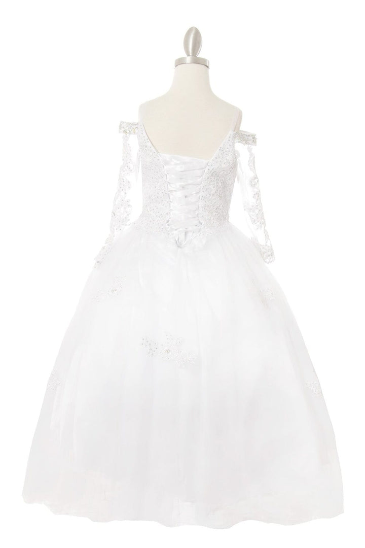 Girls Beaded Lace Off Shoulder Ball Gown with Sleeves 8002