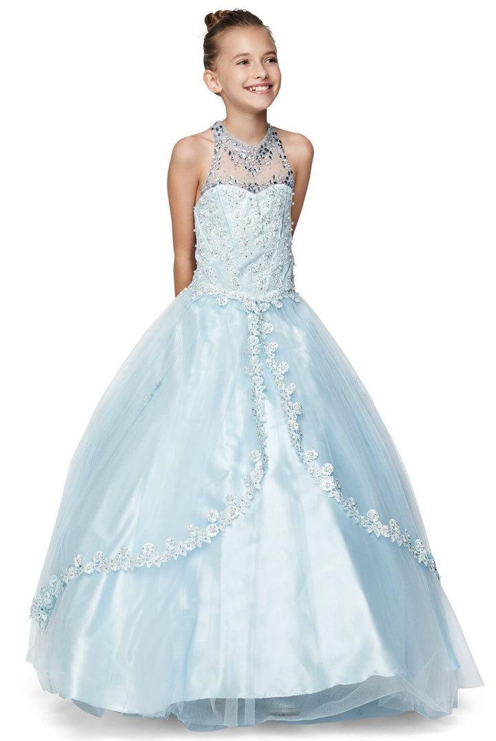 Girls Beaded Lace Off Shoulder Ball Gown with Sleeves 8002
